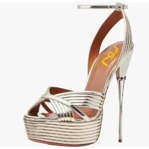 FSJ Gold Lines Strappy Open Toe Platform Sandals Ankle Strap High Heel Shoes